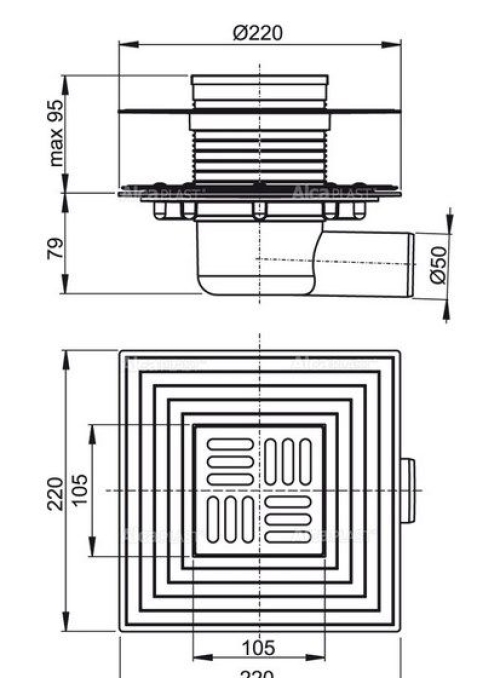 Сливной трап Alcaplast APV1324 105x105/50 мм комбинированный затвор SMART с зажимным фланцем