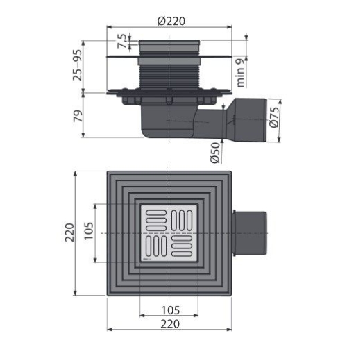 Зливний трап Alcaplast APV3344 105х105/50/75