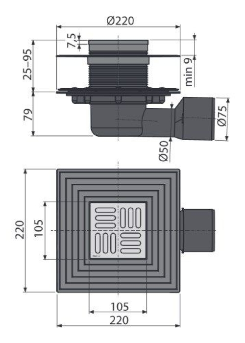 Зливний трап Alcaplast APV3344 105х105/50/75