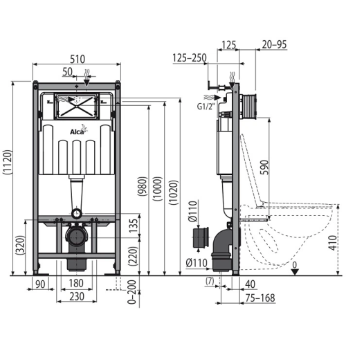 Інсталяція ALCA PLAST AM101/1120 з панеллю змиву M570 та звукоізоляційною прокладкою M91 Білий