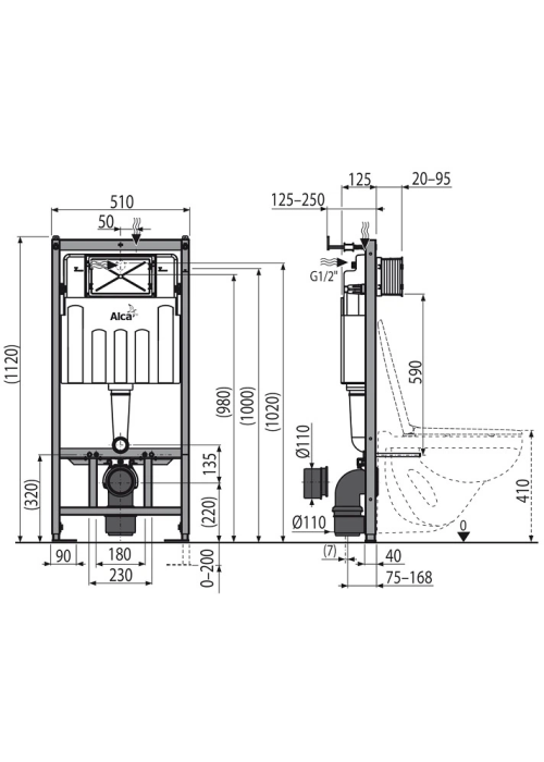 Інсталяція ALCA PLAST AM101/1120 з панеллю змиву M570 та звукоізоляційною прокладкою M91 Білий
