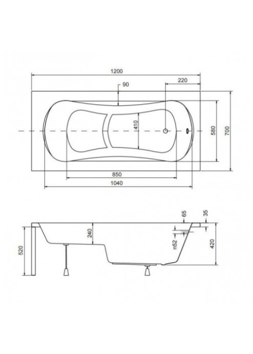 Ванна акрилова прямокутна Besco Aria Rehab 120x70, AriaRehab/120/70