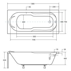 Ванна акриловая прямоугольная BESCO Bona 140х70 см 00000011470