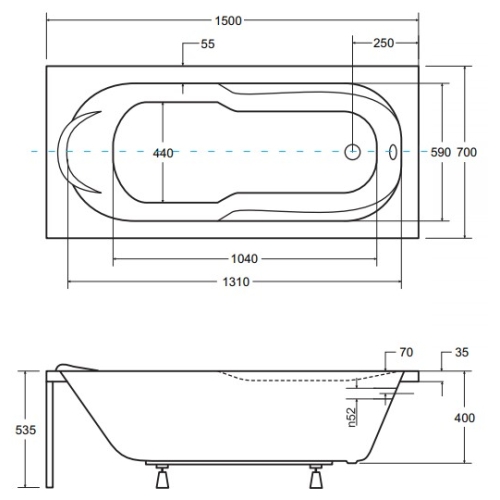 Ванна акриловая прямоугольная BESCO Bona 150х70 см 00000001566