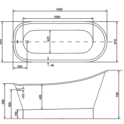 Ванна окрема Besco Gloria ретро 150x66 з сифоном, NAVARA25720