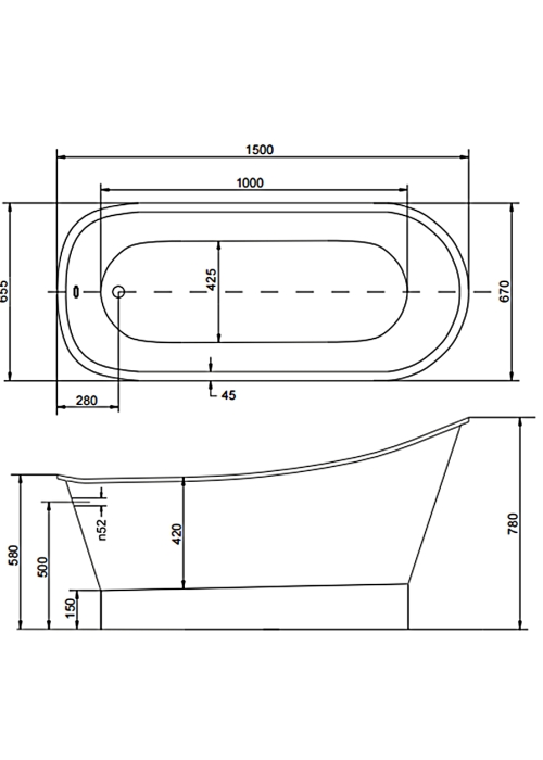 Ванна окрема Besco Gloria ретро 150x66 з сифоном, NAVARA25720