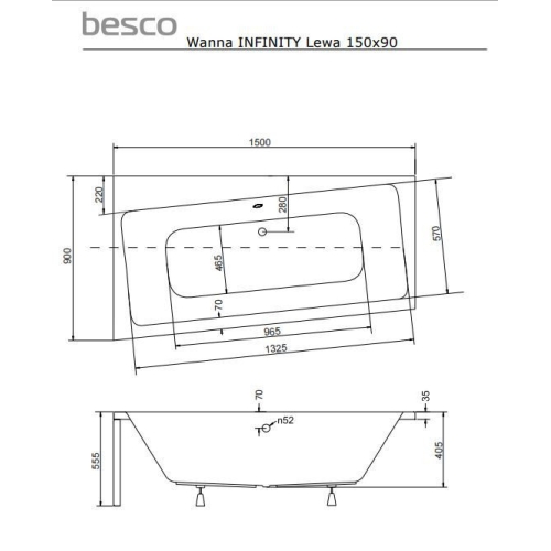 Ванна акрилова BESCO Infinity 150х90 лівостороння 00000011092