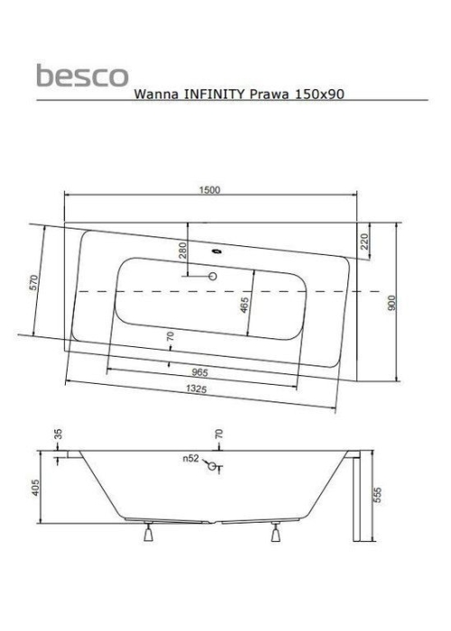 Ванна акрилова BESCO Infinity 150х90 правостороння 00000011104