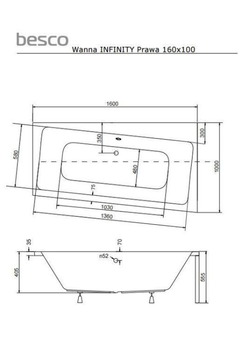 Ванна акриловая BESCO Infinity 160х100 правосторонняя NAVARA01331