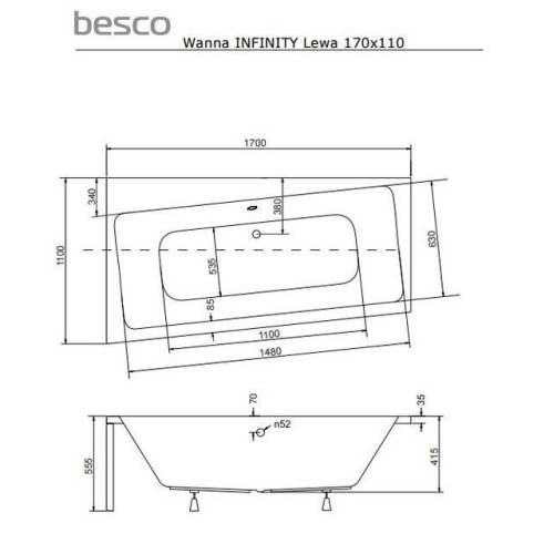 Ванна акрилова BESCO Infinity 170х110 лівостороння 00000011105