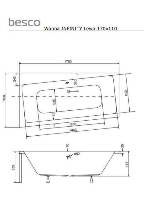 Ванна акрилова BESCO Infinity 170х110 лівостороння 00000011105