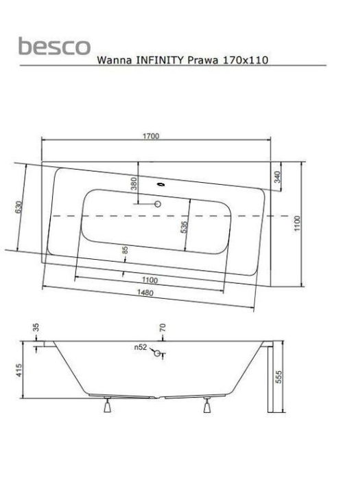 Ванна акриловая BESCO Infinity 170х110 правосторонняя 00000011106