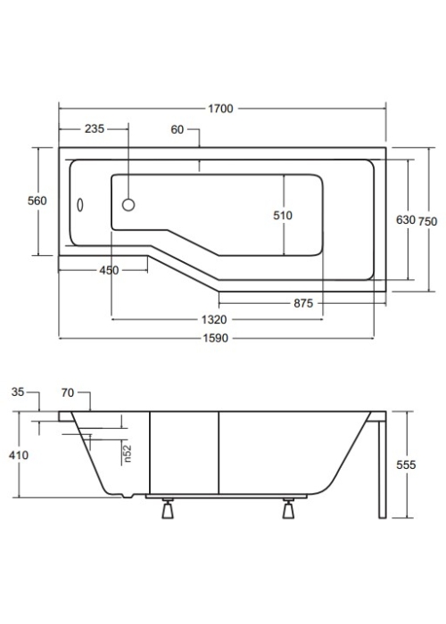 Ванна акрилова BESCO Integra 170х75 правостороння 00000013415