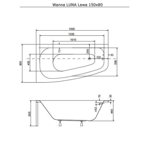 Ванна акрилова BESCO LUNA 150х80 лівостороння 00000008557