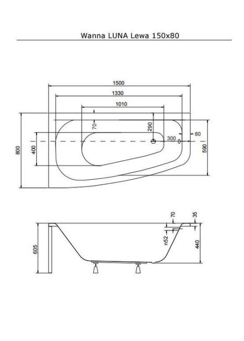 Ванна акрилова BESCO LUNA 150х80 лівостороння 00000008557
