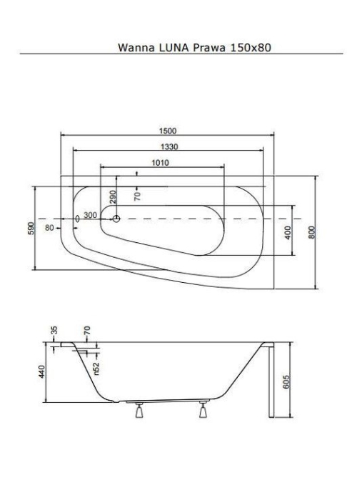 Ванна акрилова BESCO LUNA 150х80 правостороння 00000008556
