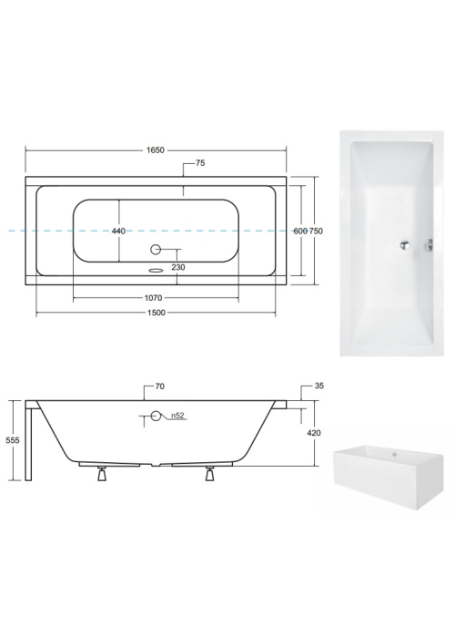 Ванна акриловая BESCO QUADRO 165х75 00000011330