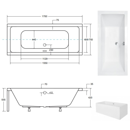 Ванна акрилова BESCO QUADRO 170х75 00000013447