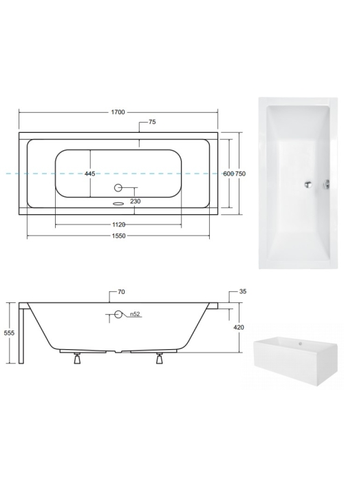 Ванна акриловая BESCO QUADRO 170х75 00000013447