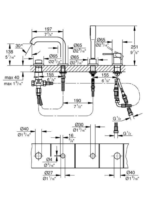 Смеситель однорычажный для ванны на 4 отверстия Grohe ESSENCE NEW, 19578001