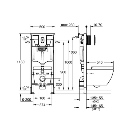 Комплект Solido 5-в-1: інсталяція Grohe Rapid SL 38528001 з клавішею Arena Cosmopolitan (38844000) + підвісний унітаз Euro Ceramic 39328000 з кришкою  39536000