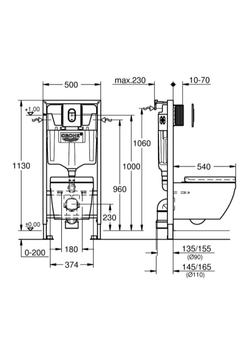 Комплект Solido 5-в-1: інсталяція Grohe Rapid SL 38528001 з клавішею Arena Cosmopolitan (38844000) + підвісний унітаз Euro Ceramic 39328000 з кришкою  39536000