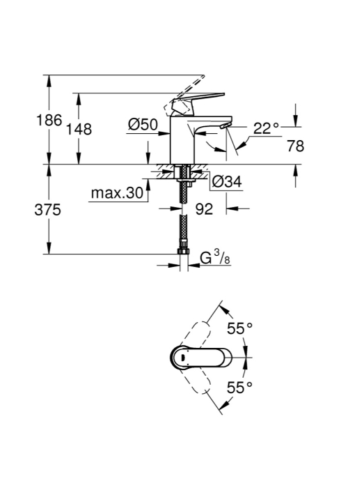 Смеситель однорычажный для раковины DN 15 S-Size Grohe EUROSMART Cosmopolitan, хром