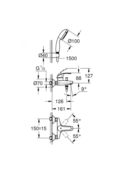 Змішувач для ванни Grohe Eurosmart з душовим гарнітуром, 3330220A