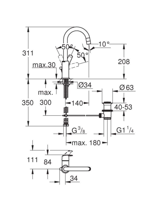 Одноважільний змішувач для раковини Grohe Eurosmart, L-Size, 23537002