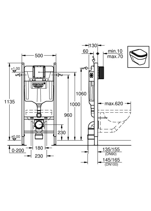 Інсталяційна система GROHE Rapid SL 3 в 1 + Клавіша змиву Grohe Skate Cosmopolitan 3884000G + 38732000