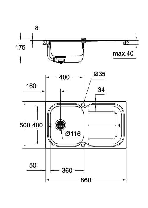 Кухонная мойка Grohe EX Sink K300 + смеситель Eurosmart (31565SD0)