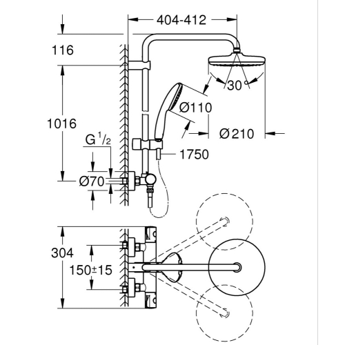 Душова система з термостатом для настінного монтажу Grohe Tempesta System 210 (26811001)