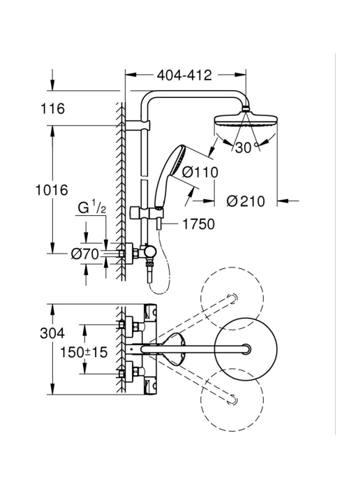 Душова система з термостатом для настінного монтажу Grohe Tempesta System 210 (26811001)