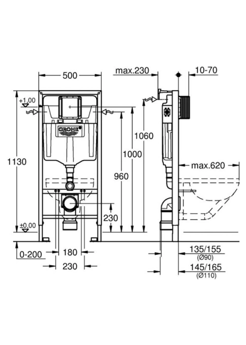 Инсталляция Grohe Rapid SL 38536001 с клавишей Skate Cosmopolitan (38732000) + подвесной унитаз Euro 102485SH00 с крышкой (102500SH00), UA38102SH0