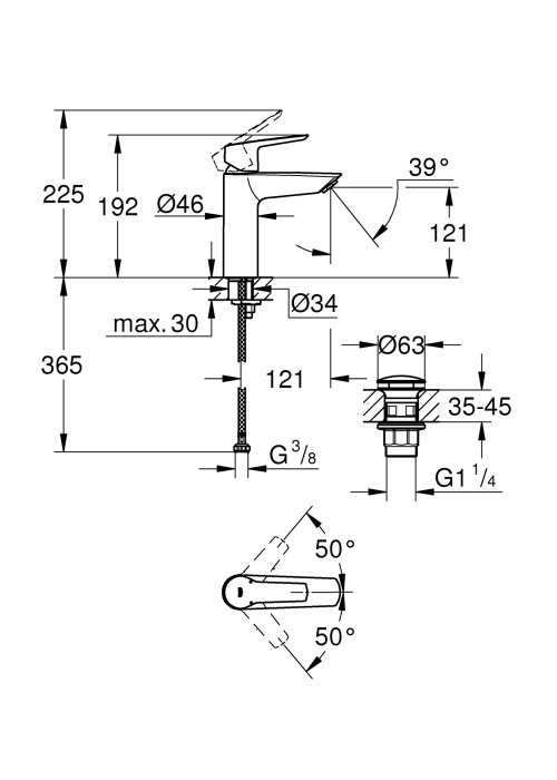 Одноважільний змішувач для раковини Grohe QuickFix Start M-Size + нажимний донний клапан 235752432