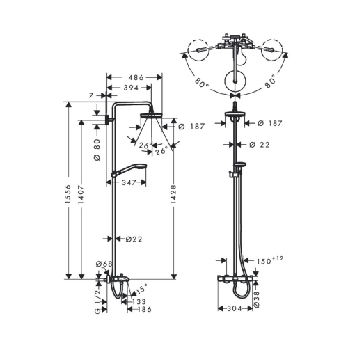 Душова система Hansgrohe Croma Select S 180 2-jet Showerpipe для ванни, хром ( 27351400 )