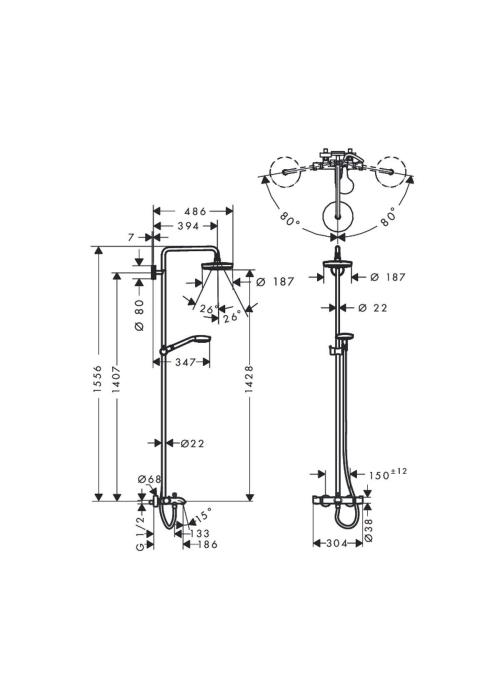 Душова система Hansgrohe Croma Select S 180 2-jet Showerpipe для ванни, хром ( 27351400 )