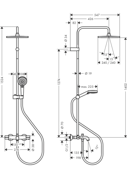 Душова система з термостатом Hansgrohe Vernis Shape Showerpipe 240 1jet 26900670 чорний матовий