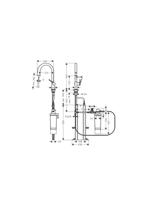 Смеситель кухонный Hansgrohe Aqittura M91 FilterSystem 210 1jet pull-out Sbox кухонный сет з Harmony Matt Black 76800670