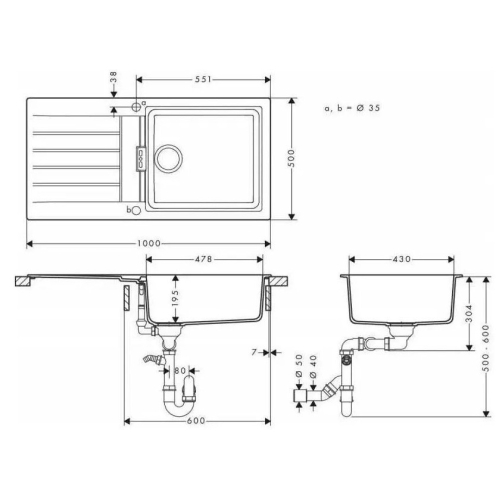 Кухонний комплект мийка із змішувачем  + дозатор Hansgrohe S520-F480 + Змішувач Hansgrohe Focus M41, сірий камінь-сталь 43358400