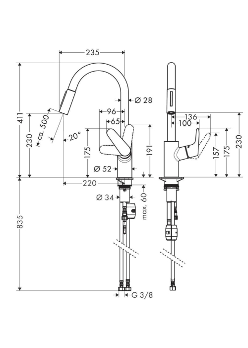 Кухонний комплект мийка із змішувачем  + дозатор Hansgrohe S520-F480 + Змішувач Hansgrohe Focus M41, Чорний графіт - Чорний мат 43358600