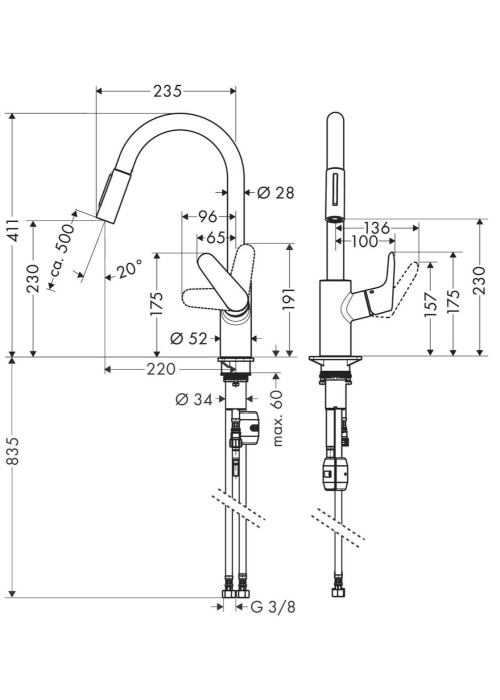 Кухонний комплект мийка із змішувачем Hansgrohe S520-F345 + Змішувач Hansgrohe Focus M41, сірий камінь-сталь 43358800