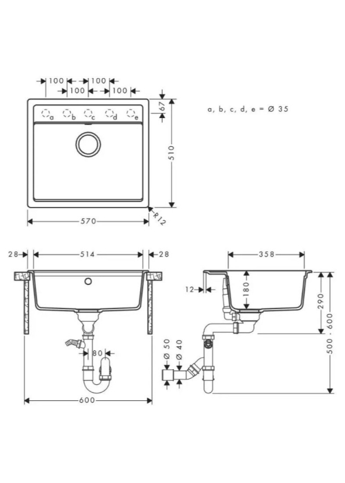 Кухонный комплект мойка со смесителем Hansgrohe  S520-F510 + Смеситель Hansgrohe Talis M54, чёрный графит-сталь  43359800