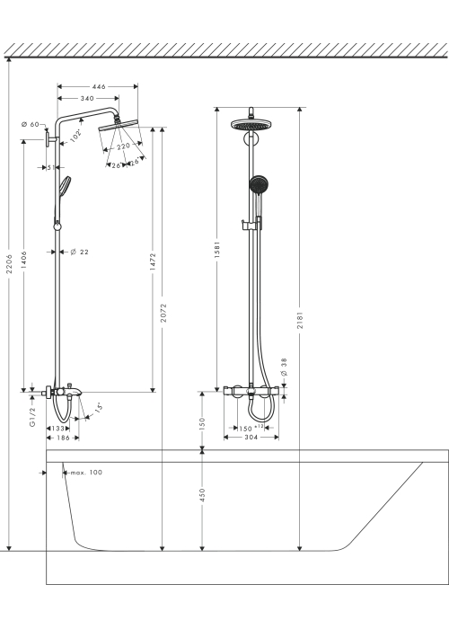 Душевая система Hansgrohe Croma 220 Showerpipe +термостат 27223000