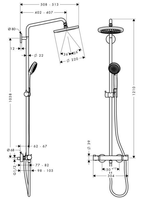 Душова система Hansgrohe Croma 220 Showerpipe EcoSmart 27188000