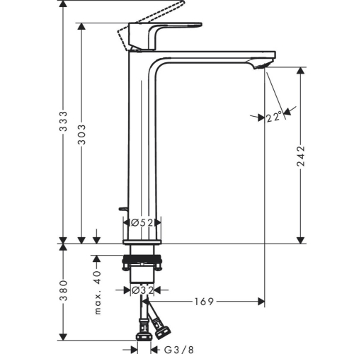 Змішувач Hansgrohe Rebris S 240 CoolStart EcoSmart+ для умивальника з д/к pop-up. Chrome 72590000