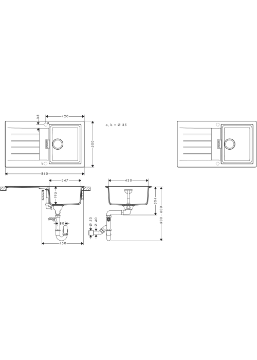 Кухонная мойка Hansgrohe S52, гранит, прямоугольник, с крылом, 840х480х190мм, чаша – 2, накладная, S520-F345, черный графит