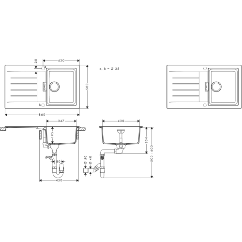 Кухонна мийка Hansgrohe S52, граніт, прямокутник, з крилом, 840х480х190мм, чаша - 1, врізна, сірий камінь