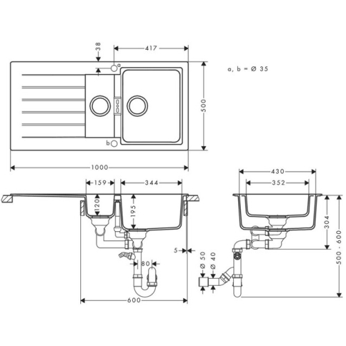 Кухонна мийка Hansgrohe S52, граніт, прямокутник, з крилом, 980х480х190мм, чаша - 1.5, врізна, сірий камінь