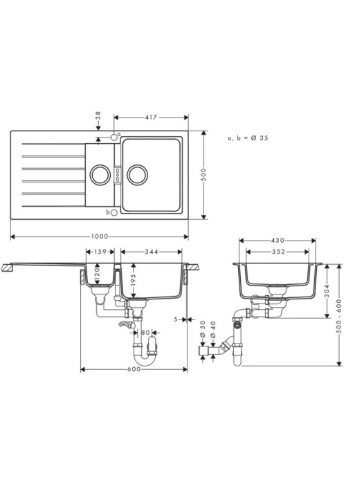 Кухонна мийка Hansgrohe S52, граніт, прямокутник, з крилом, 980х480х190мм, чаша - 1.5, врізна, сірий камінь